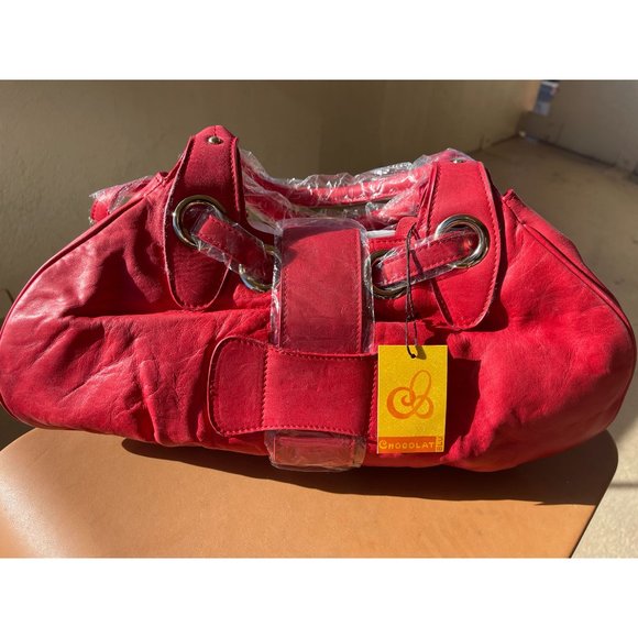 NWT Chocolat Blu Red Leather Handbag Belted and Clasped Top - Picture 3 of 5